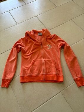 Vintage Juicy Couture Velour Hoodie Orange Coral Silver Tag Y2K Rhinestone M